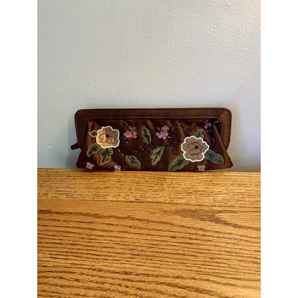 VTG y2k Brown Floral Embroidered Clutch Purse Satin Style Evening Bag Zip Avon